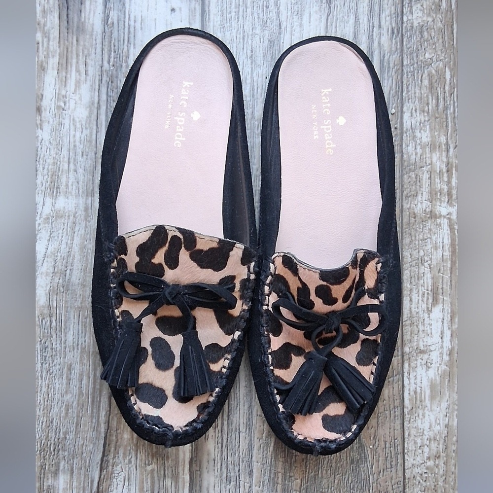 Kate Spade Leopard Haircalf Tassel Mule Loafers Slides Flats Women's 7M